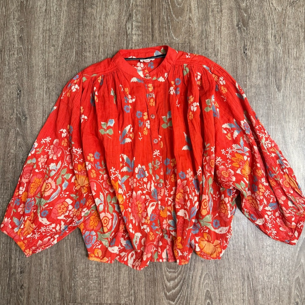 Pilcro Anthropologie Red Floral Boho Peasant BlouseXXS Balloon Sleeve Cotton Top